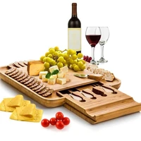 bamboo cheese board cutter set slide out drawer serving platter tray cutting board for cheese fruit vegetable kitchen storage