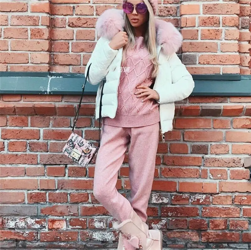 

2020 Hot Sale Real Knitted Wool Two-piece Handmade Beaded Word Shoulder Sweater + Trousers Cashmere 2 Piece Suit Female Casual