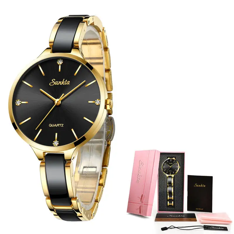 GOLD BLACK Новинка, подарок на SUNKTA, наручные часы с ремешком-сеткой, женские кварцевые часы, женские Роскошные наручные часы от ведущего бренда для девушек - Цвет: GOLD BLACK