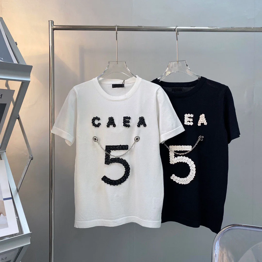 

Spring Summer 2021 Brand New Casual Round Neck Letter Chain handmade custom cowhide flowers T-Shirt For Women's 0457