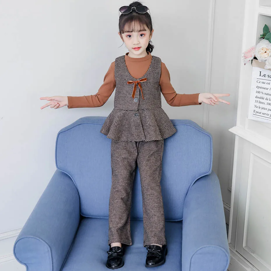 Детская одежда в клетку для девочек жилет + футболка штаны наряд весна-осень