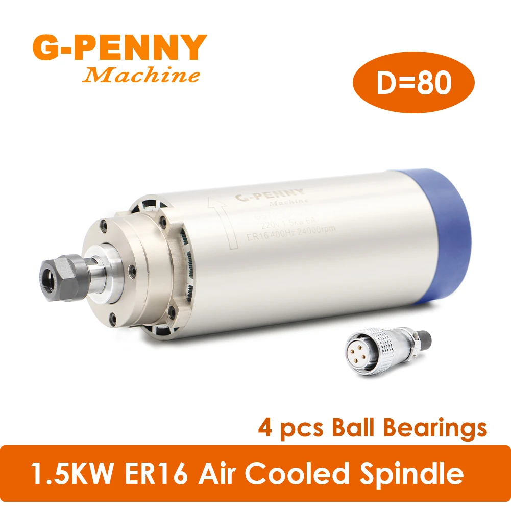 

CNC Spindle Motor 220v / 380v 1.5kw ER16 air cooled spindle 4 pcs bearings wood working spindle motor 80mm air cooling 400Hz