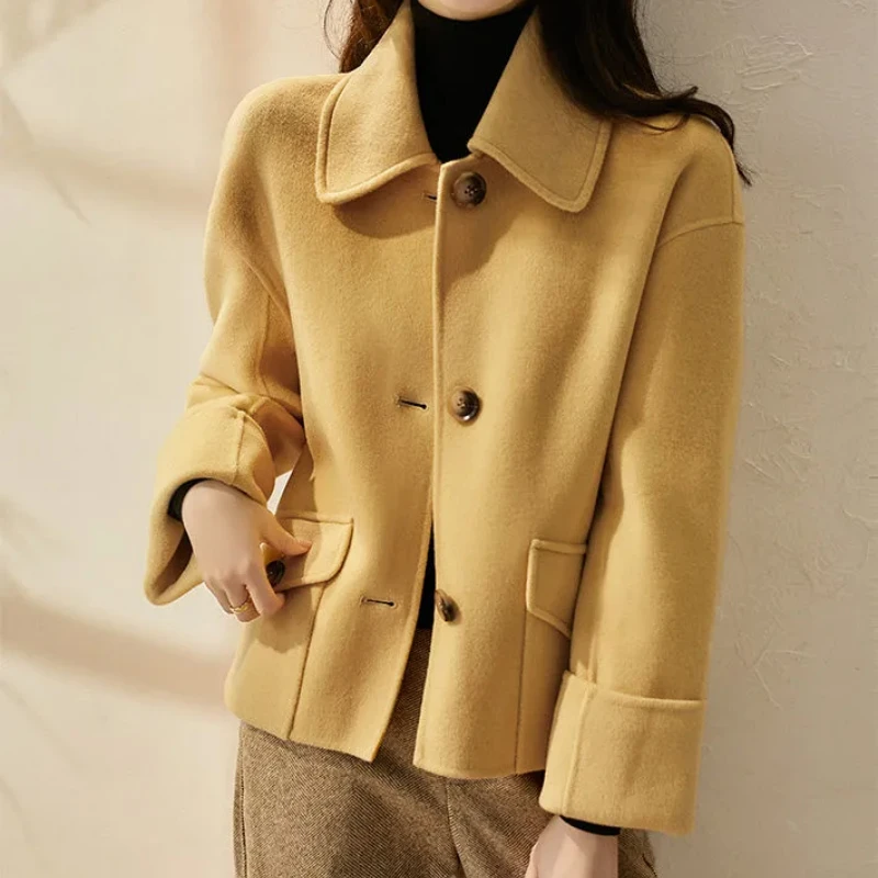 

Women Pocket Woolen Jacket Yellow Short Solid Causal Autumn Coat