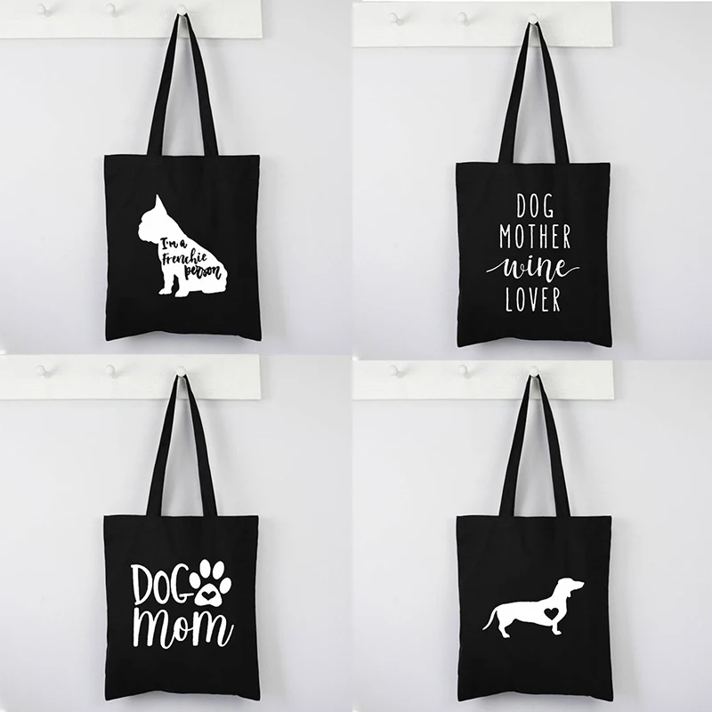 

Cute Dog Fashion Shopping Black Bags Canvas Tote Bag Bulldog Handbag Shoulder Bags Mom Dachshund Reusable Bag Prints