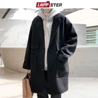 lappster black long trench coat men 2021 over coat mens thick pockets windbreaker male korean fashion harajuku winter jackets