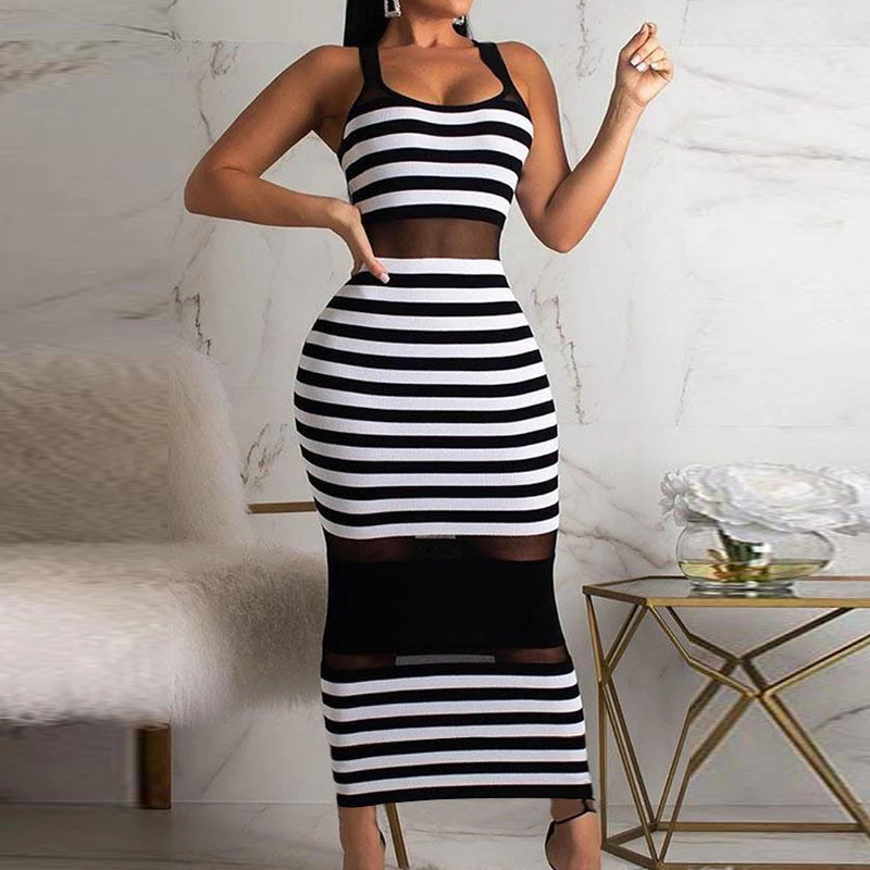 Для женщин летнее платье модное Повседневное Полосатое без рукавов со сборками
