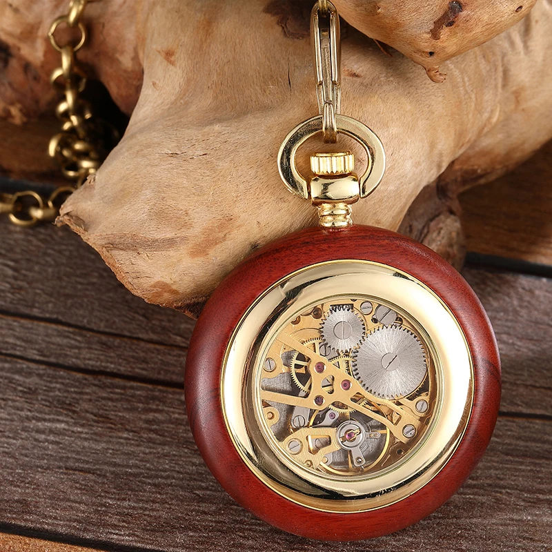 Luxury Wooden Mechanical Pocket Watch for Men Roman Numeral Sandalwood Wood Case Gold Back Engraved Fob Chain Clock Dropshipping