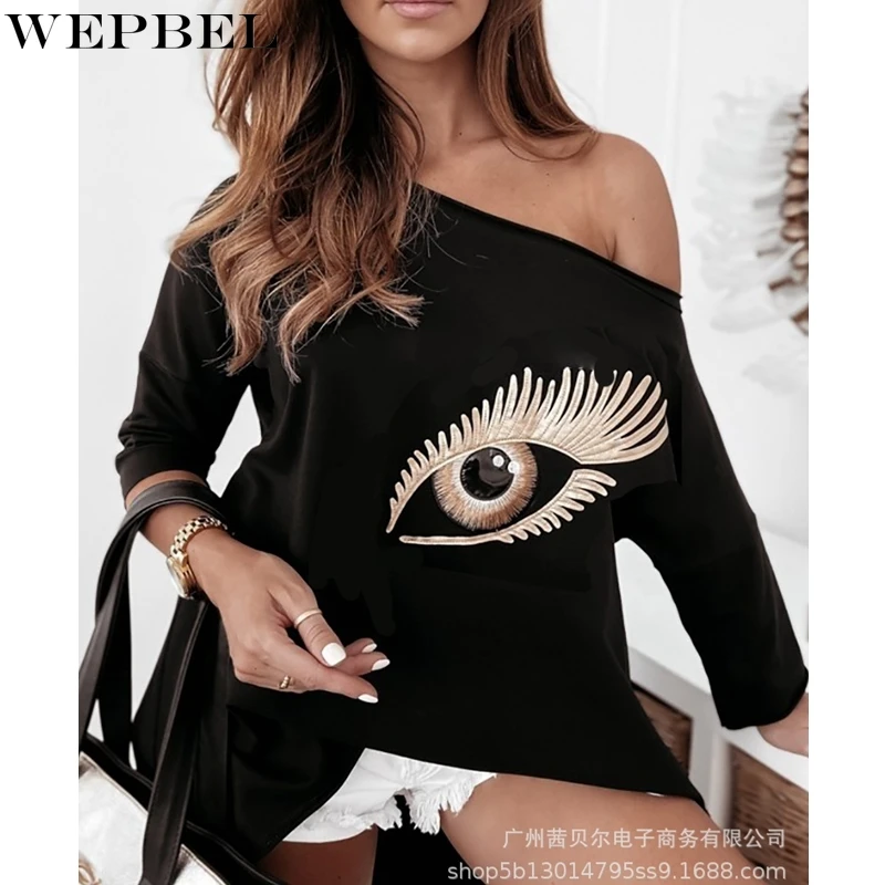 

WEPBEL Long Sleeve T-shirt Women's Sexy Loose Eye Print T-shirt Fall Fashion Shoulder-Baring Slash Neck Irregular T-shirt
