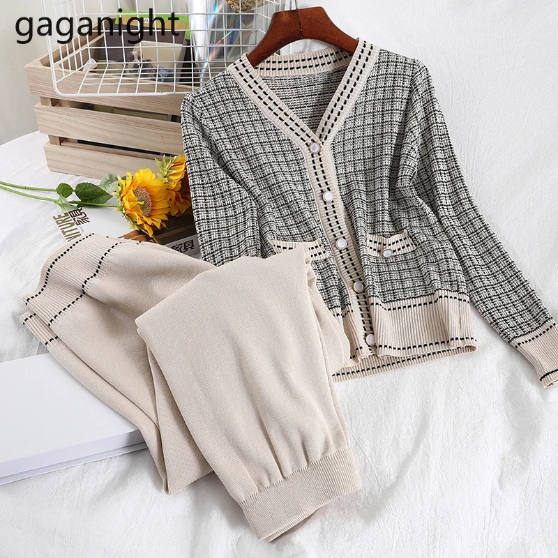 

Gaganight Autumn Winter Women Outfits Korean V Neck Knitted Cardigan Jacket And Casual Wide Leg Pants 2 Pieces Set Women's Sets