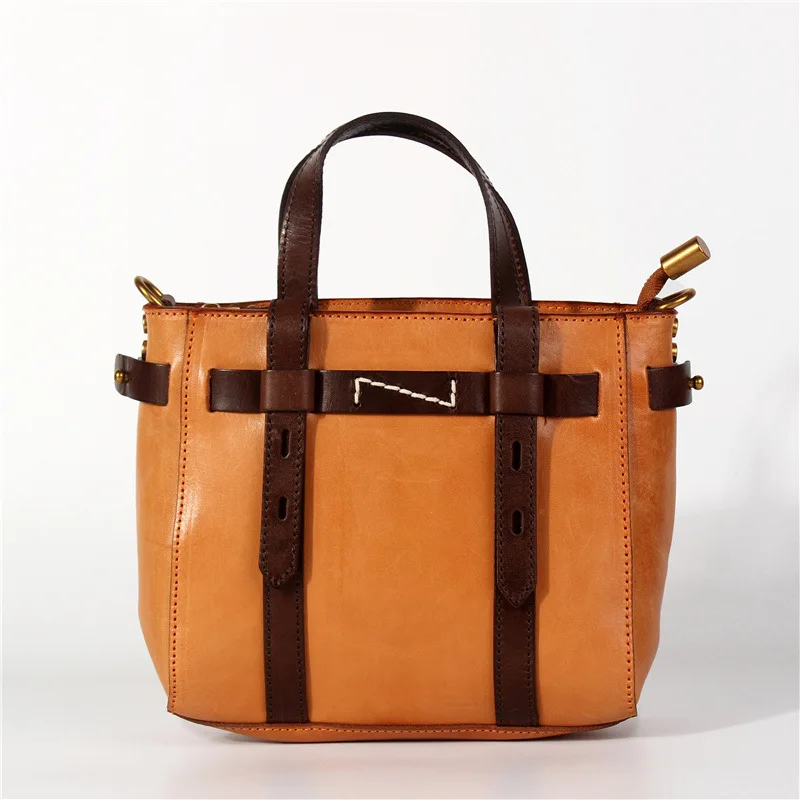 

2021 Spring New Women Genuine Leather Package Contrast Large Capacity Tote Bag Casual Portable Shopping Package D866