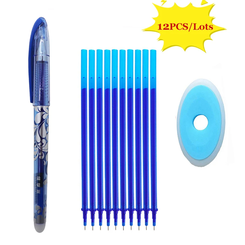 10+2Pcs/Set Office Gel Pen 0.5mm Erasable Refill Rod Washable Handle Blue Black Ink School Writing Supply Tools |