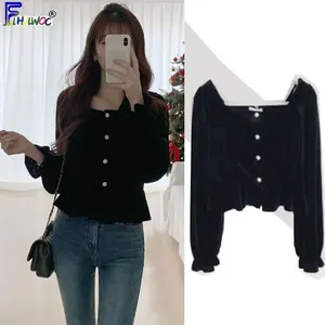 Женский короткий топ с расклешенными рукавами, винтажная блузка черного цвета с оборками и баской в японском стиле, 12029, 2020