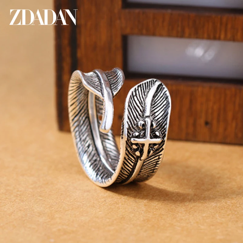 

ZDADAN 925 Sterling Silver Feather Open Ring Thai Silver Adjustable For Women Man Rings Wedding Jewelry