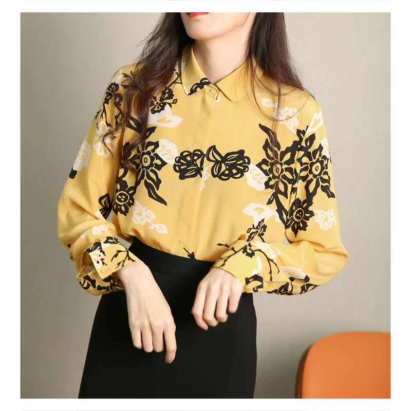 

2021 Autumn Silk Shirt Women's Retro Temperament Mulberry Silk Top Yellow Printed Long Sleeve Shirt FAKUNTN