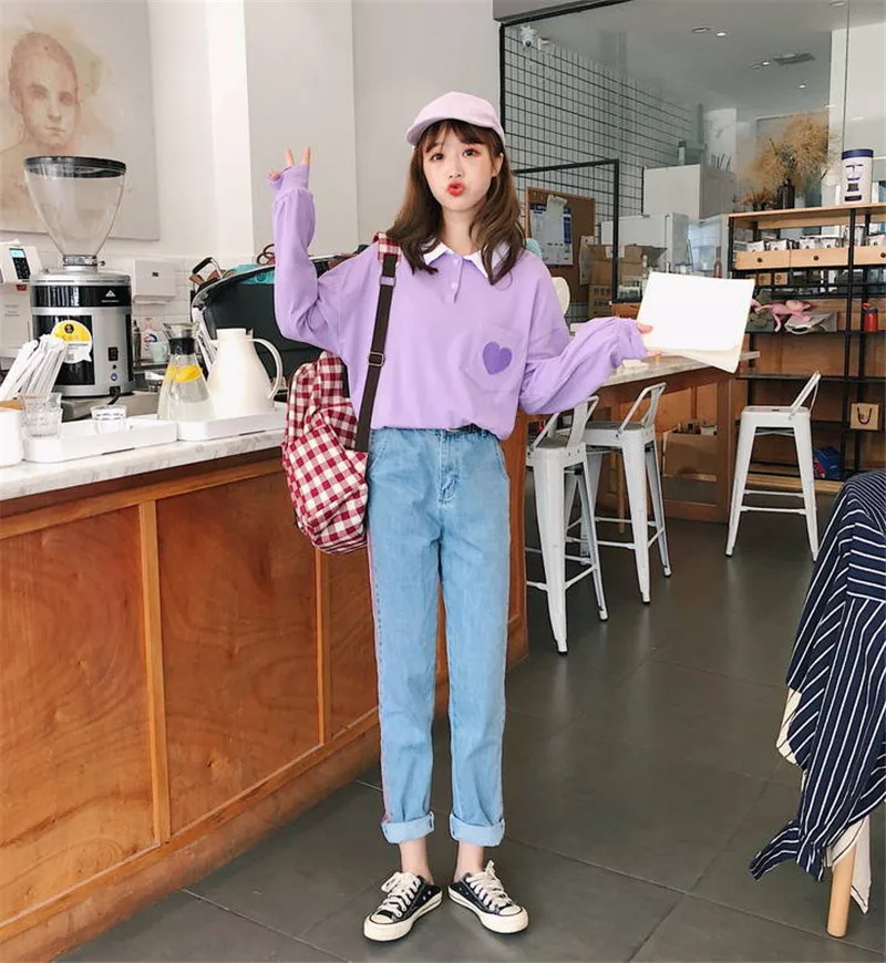 Весенние женские толстовки с капюшоном с длинным рукавом Kawaii Boyfriend style, осенняя уличная Толстовка Харадзюку с милым принтом сердца, Женская толстовка