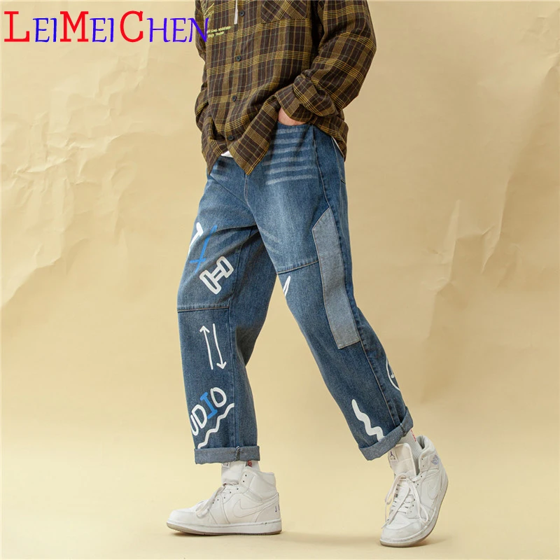 

LEIMEICHEN Men's patchwork casual pants Vintage distressed creative print loose straight-leg jeans XH-K8813