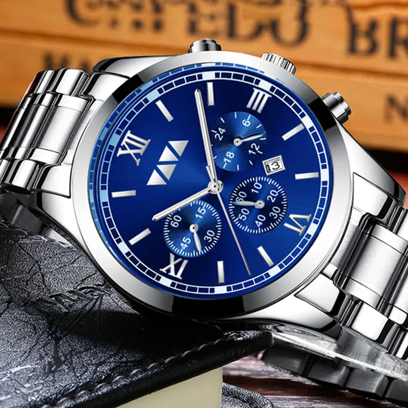 Мужские часы с большим циферблатом модные из нержавеющей стали деловые