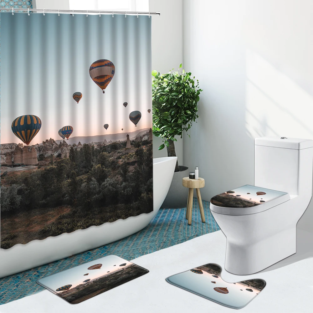 

Hot Air Balloon Landscape Shower Curtain Natural High Mountain Non-Slip Rugs Bath Mat Toilet Cover Bathroom Decor Set Washable