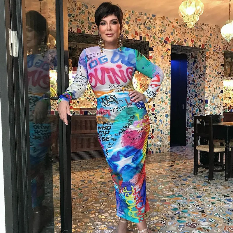

Women Fashion Autumn Winter Long Sleeve Printed Bodycon Pencil Midi Dress Streetwear 2021 Fall Clothes Casual Streetwear