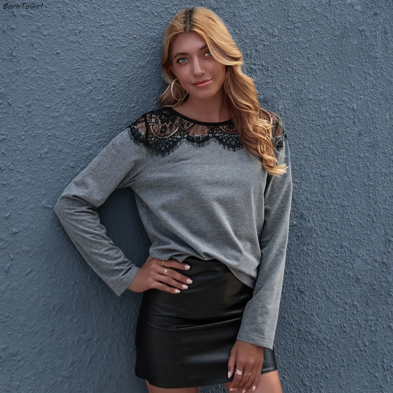 Женские кружевные футболки BornToGirl черные и серые с длинным рукавом круглым