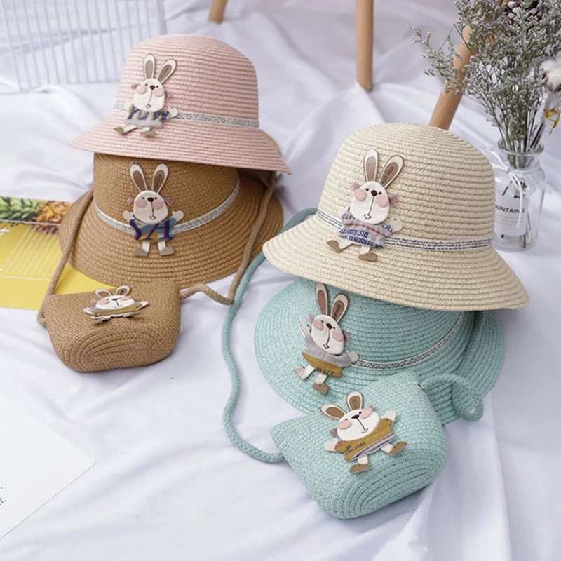 

2021 Baby Summer Straw Hat Girl Kids Holiday Beach Bucket Hats Children Bunny Cap Sun Hat Shoulder Handbag Bag Props Gift D0AF