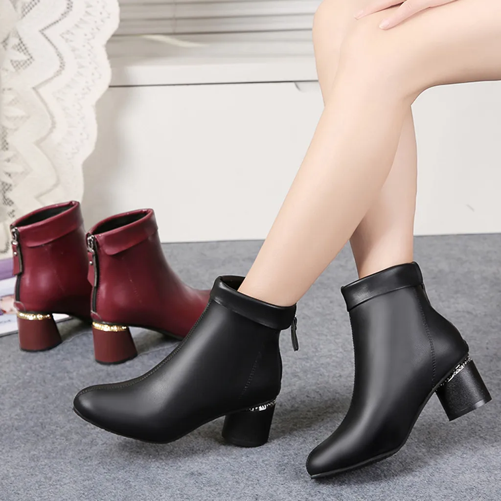 

Autumn Winter Ankle Boots for Women Round Head Zipper Boots High Heels Boots Shoes Woman Fashion Bota Feminina