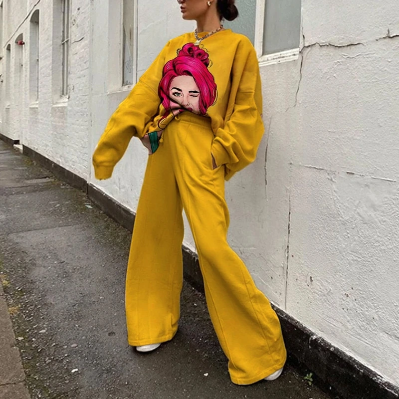 

Yellow Beauty Print Casual Vintage Sweatshirt 2-piece Suit Long Sleeve Trousers Loose Ladies Sportswear Streetwear Autumn 2021