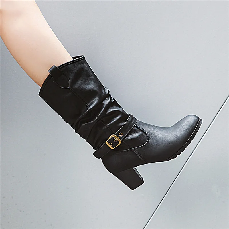 YMECHIC/сапоги из искусственной кожи женская обувь на среднем каблуке с пряжкой цвет