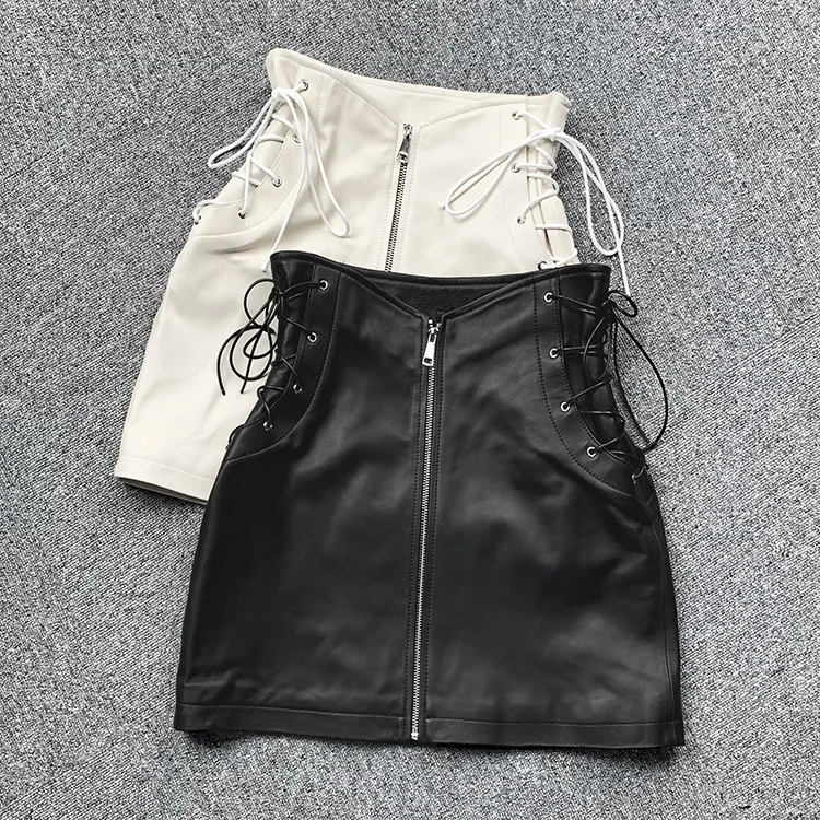 2022 Spring Leather Sheepskin Zipper High Waist Strap Sexy Skirt E6