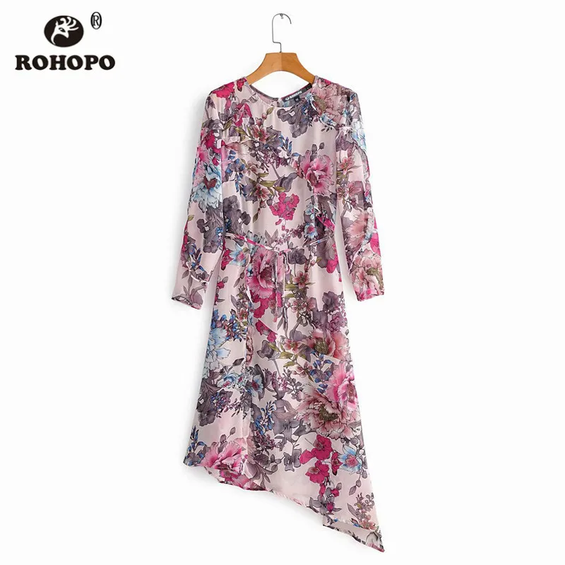 ROHOPO Круглый длинный рукав градиентное платье миди плиссированное спереди с