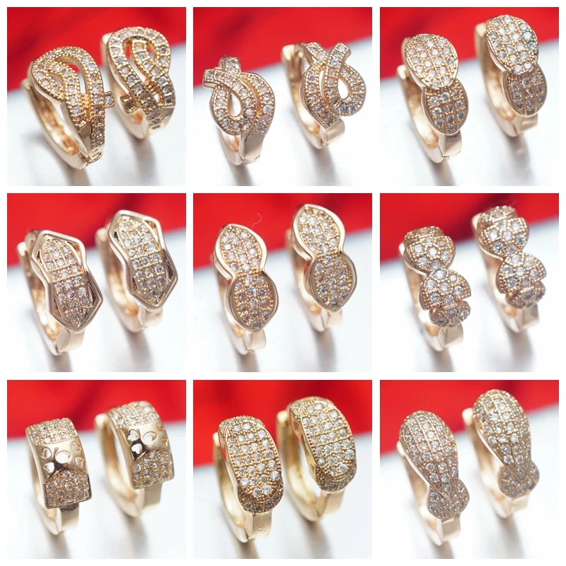 Женские серьги кольца с кристаллами розового золота маленькие золотые 17 разных