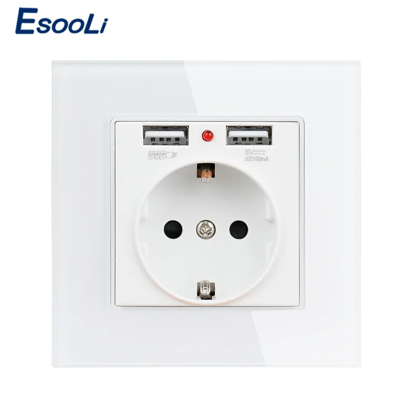 Esooli белая Хрустальная стеклянная панель двойной usb зарядный порт 2.1A 16A Россия