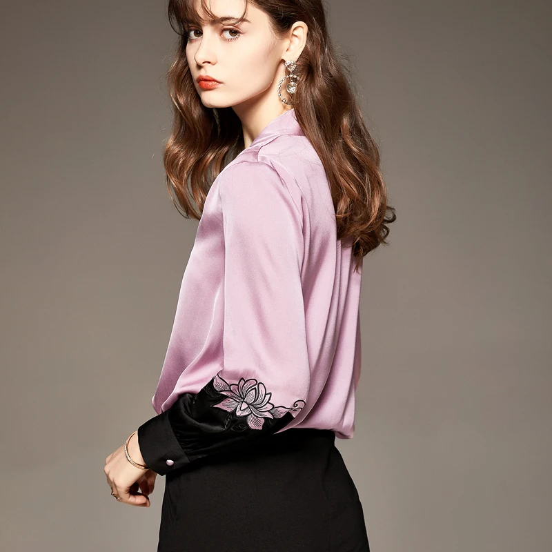 

100% Natural Silk Women's Shirt Sexy V Neck Embroidery Long Sleeves Color Block Elegant Blouse Tops