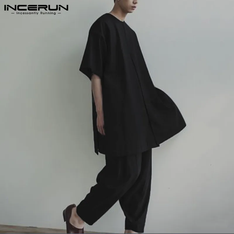 

INCERUN Men Sets Vintage Solid Short Sleeve O Neck Casual Shirts Elastic Waist Pants Retro Streetwear Men Leisure Suits 2 Pieces