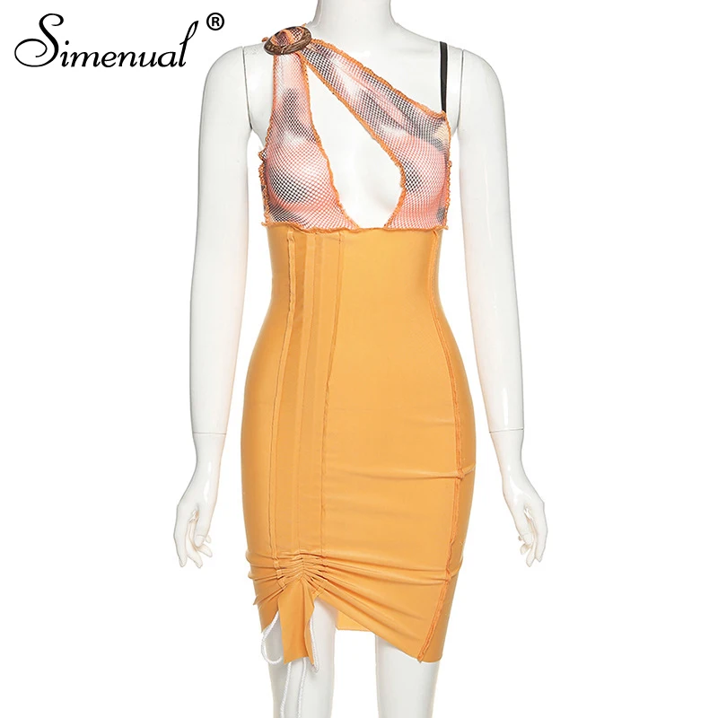 

Simenual One Shoulder Mesh Patchwork Sexy Hot Mini Dresses Women Sleeveless Club Party Cut Out Dress Ruched Slim Birthday Outfit
