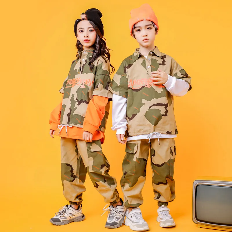 

Hip Hop Children'S Street Jazz Dance Suit Boys Loose Camouflage Short Sleeve Tops Pants Set Summer Autumn Kids Hiphop Clothing