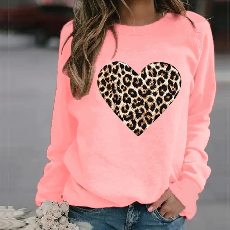 

Love Heart Leopard Printed O-Neck Sweatshirt Long Sleeve Fleece Autumn Winter Oversized Hoodie casual Pullovers