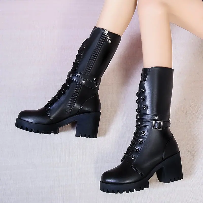 

2021 New Winter High Heels Gladiator Designer Goth Chunky Motorcycle Boots Dress Lace Up Zipper Shoes Cozy Casual Snow Boots