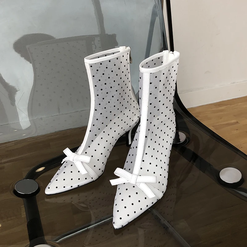 Polka Dot Heel Shoes Women Ankle Boots Female Lace Short Kitten With Luxury Brand Bow Style Dress Pointed Toe | Обувь