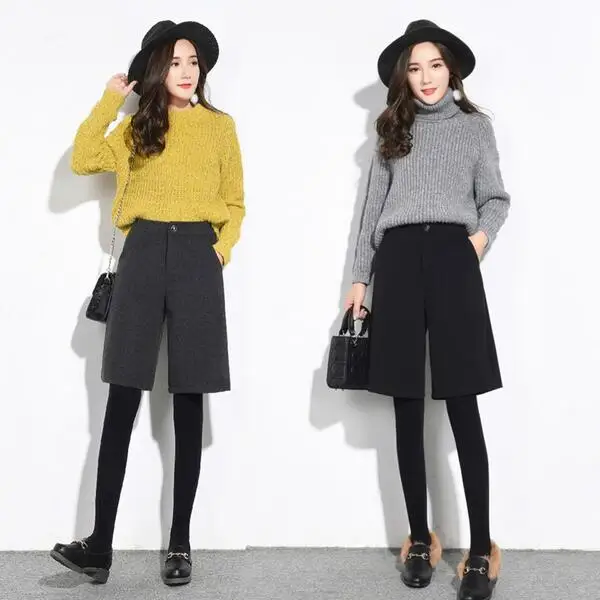 2XL полуширокие шорты для осени и зимы шерстяные женские с высокой талией