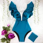 Новинка 2021, сексуальный слитный купальник с цветочным принтом и оборками, купальник с открытыми плечами, Женская однотонная пляжная одежда с глубоким V-образным вырезом, купальный костюм