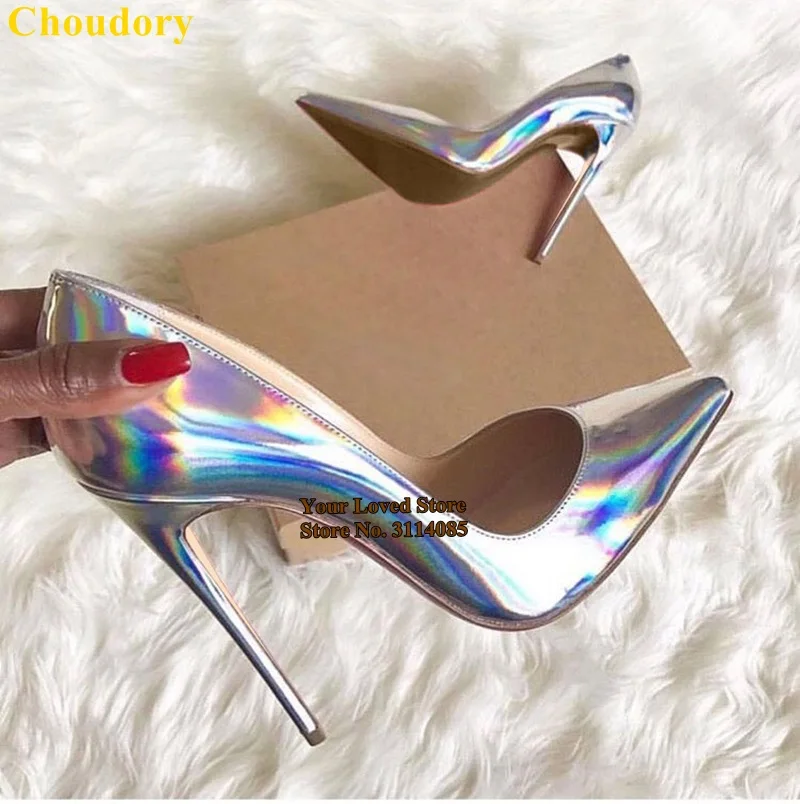 Красные фиолетовые серебристые глянцевые туфли-лодочки Choudory на шпильке