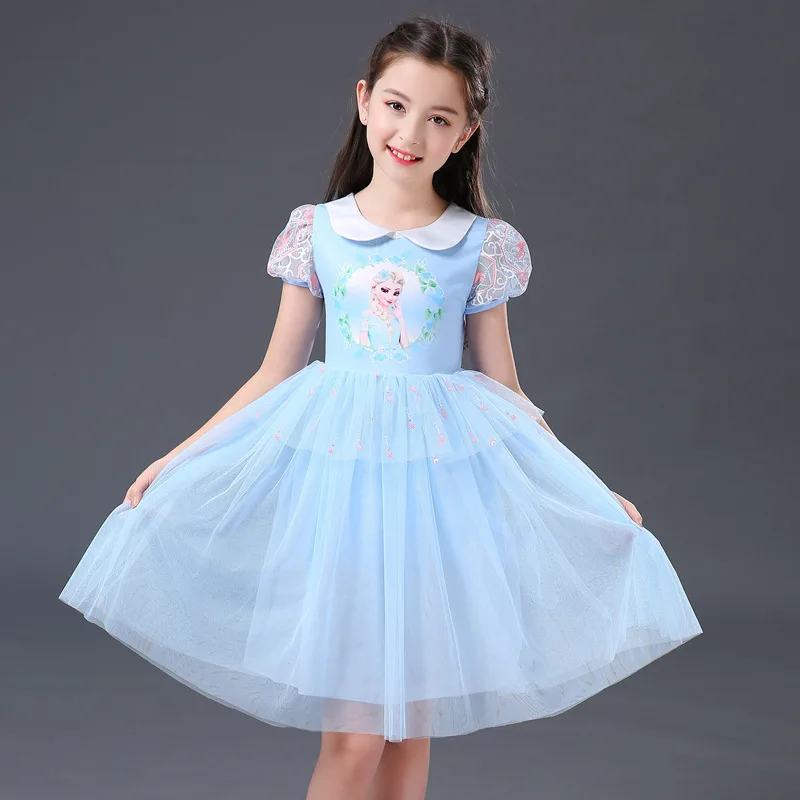 Blue Short Sleeve Платье Эльзы для девочек; утепленные детские платья принцессы для девочек; vestidos; вечерние платья с кружевом; Рождественская зимняя одежда; Infantil Menina; маскарадный костюм; 6-8 - Цвет: Blue Short Sleeve