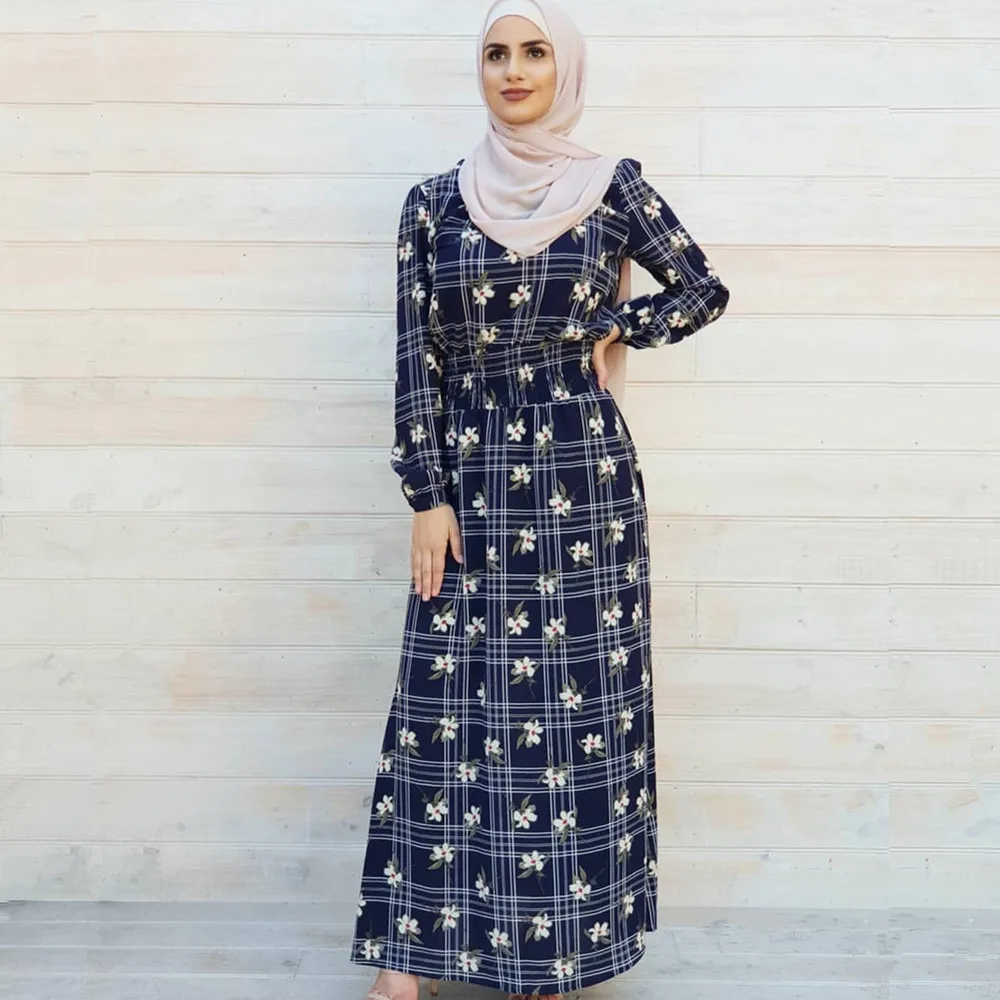 

WEPBEL Women Long Dress New Printed Maxi Tunic Dress Muslim Abaya Fashion Plaid Middle East Dress Ramadan Full Sleeve