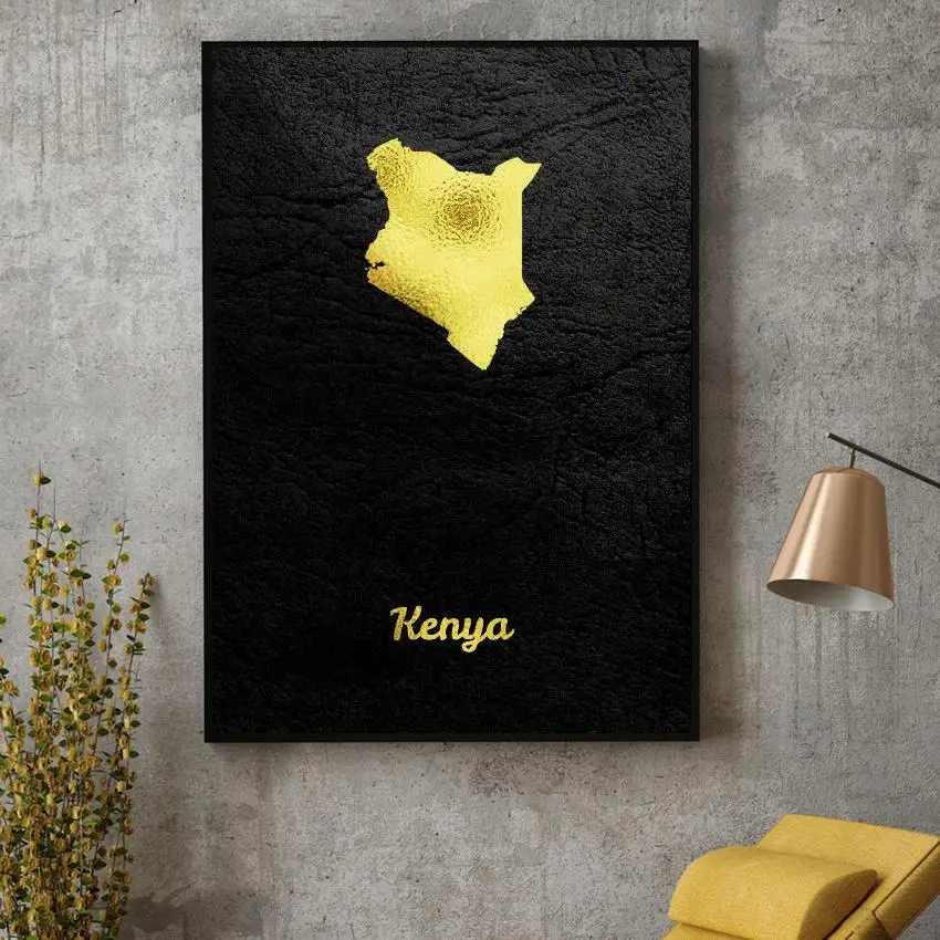 

Golden Map Kenya Canvas Wall Art Print Modern Poster Wall Pictures Living Room Decor