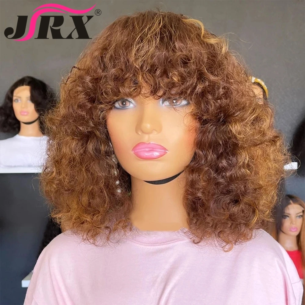 99j Curly Human Hair Wigs With Bangs Full Machine Made Fringe Honey Blonde Short Curly Bob Wigs Brazilian Remy Hair For Women enlarge