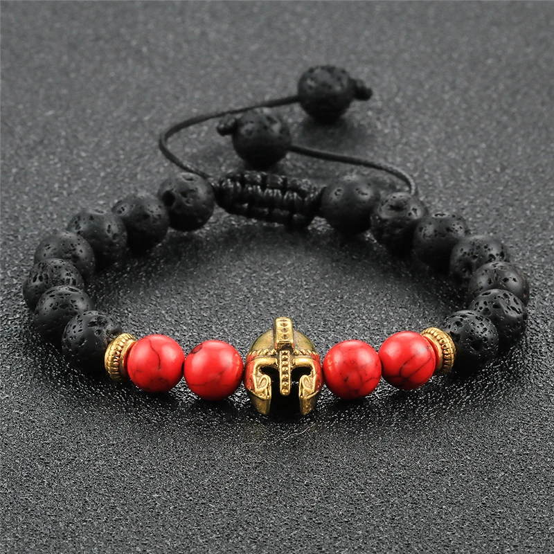 Шарм рыцарь Спарта воин шлем гладиатора браслет Мужчины Натуральная Лава камень