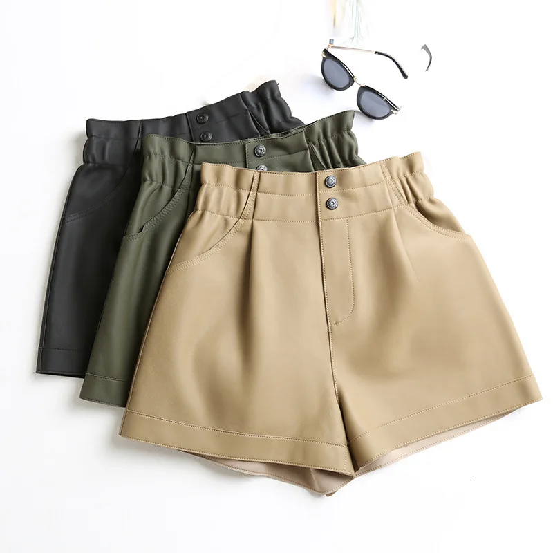 Женские шорты из натуральной кожи женские 100% овчины офисные с высокой талией |