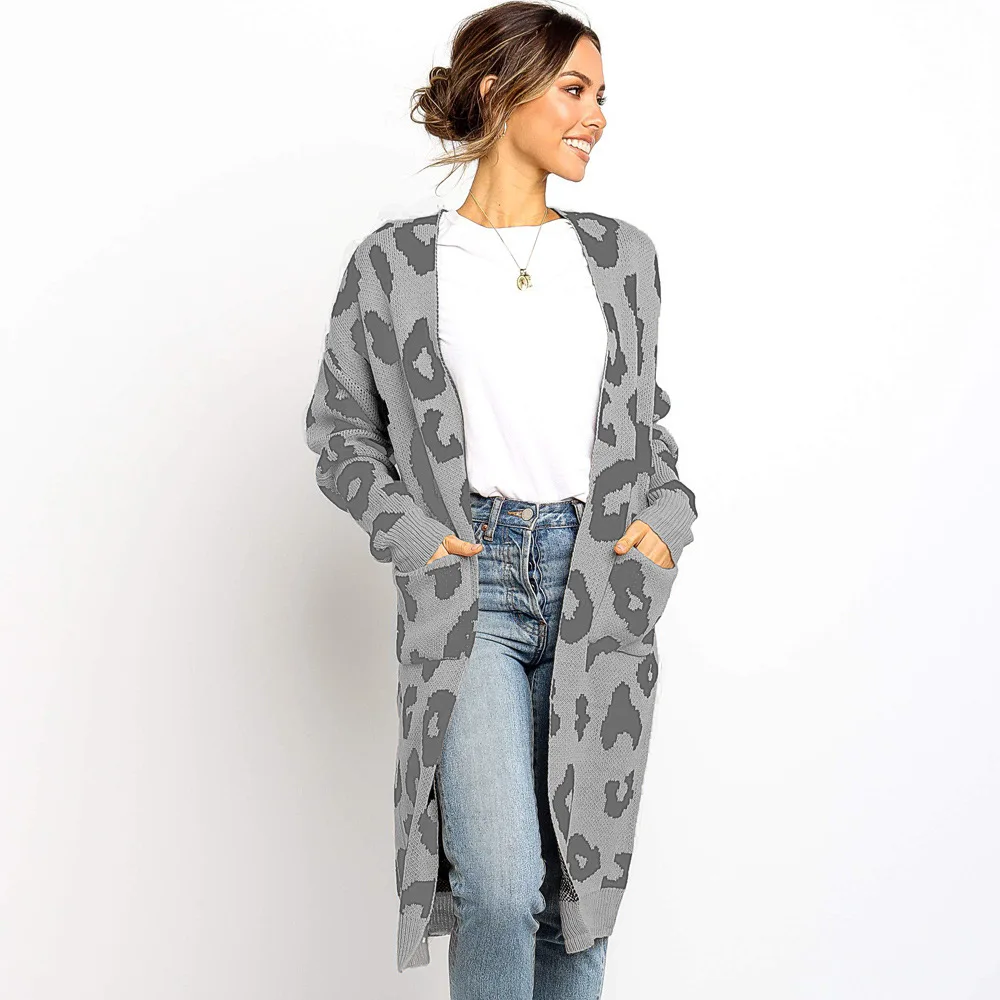 Leopard-Grey Tataria, Осень-зима, Женский вязаный кардиган с длинным рукавом, свитер, женский, Леопардовый, в горошек, вязаный, длинный кардиган, пальто для женщин - Цвет: Leopard-Grey