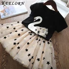 Повседневные платья Keelorn для девочек, лето 2021, футболка с принтом лебедей и сетчатая юбка, комплект одежды из 2 предметов, детские платья принцессы